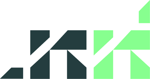 Grünes geometrisches Symbol auf weißem Hintergrund, bestehend aus fünf abstrakten Formen, die gemeinsam ein stilisiertes Logo mit klaren Kanten und Winkeln bilden. Links neben dem Symbol ist genau das gleiche in schwarz abgebildet.