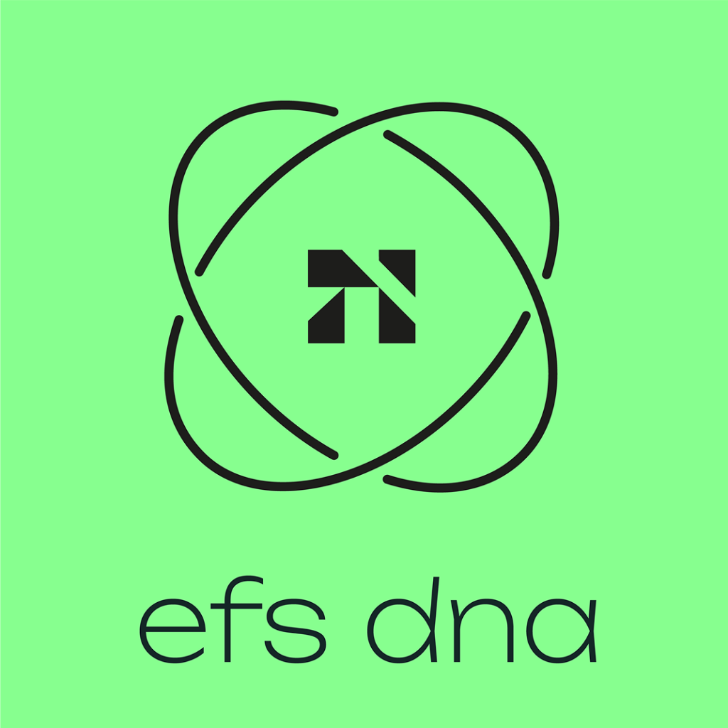 Schwarzes Logo mit geschwungenen Linien, die ein stilisiertes Symbol in der Mitte umschließen, auf hellgrünem Hintergrund. Darunter steht der Schriftzug „efs dna“ in Kleinbuchstaben.